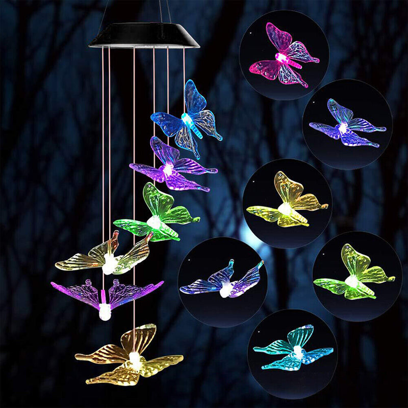 LED Solar Wind Chime Butterfly Light Color Changing IP65 Hanging Lamp (C) Newly