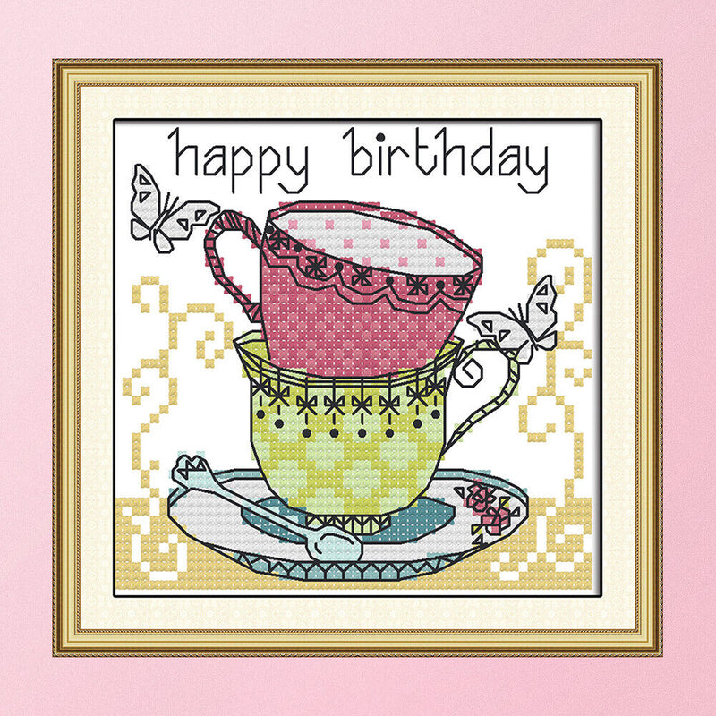 Teacup Cross Stitch Kit 14CT Stamp Embroidery DIY Needlework (J356 15x14cm)