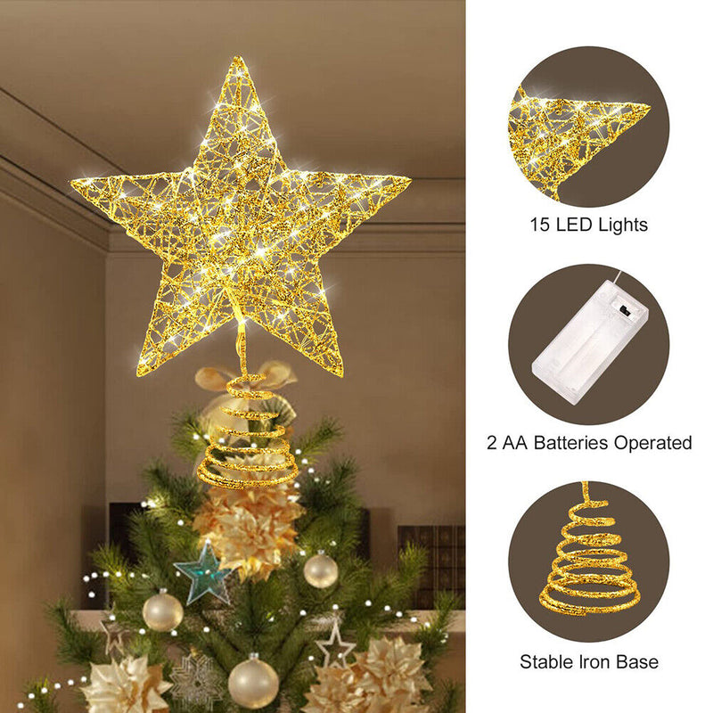 Christmas Tree Topper Star Ornaments with LED Fairy String Lights Xmas Decor