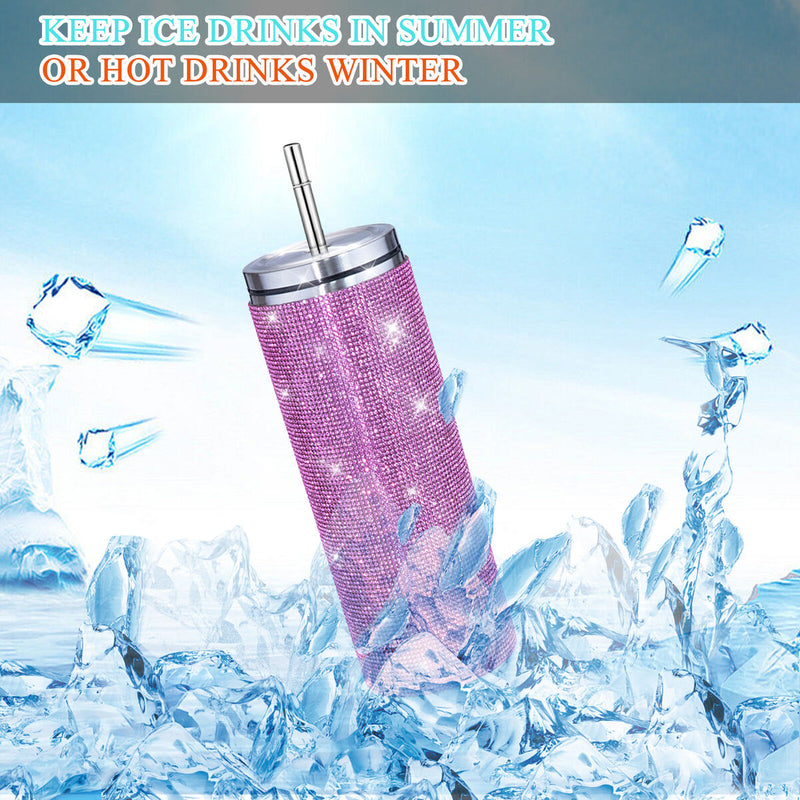 #A 600ml Sparkling Diamond Straw Cups Leak-proof Sports Vacuum Flask for Women