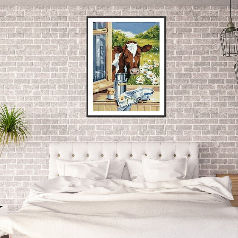 DIY Diamond Painting Window Cow Full Round Drill Mosaic Art Picture Decor Gift