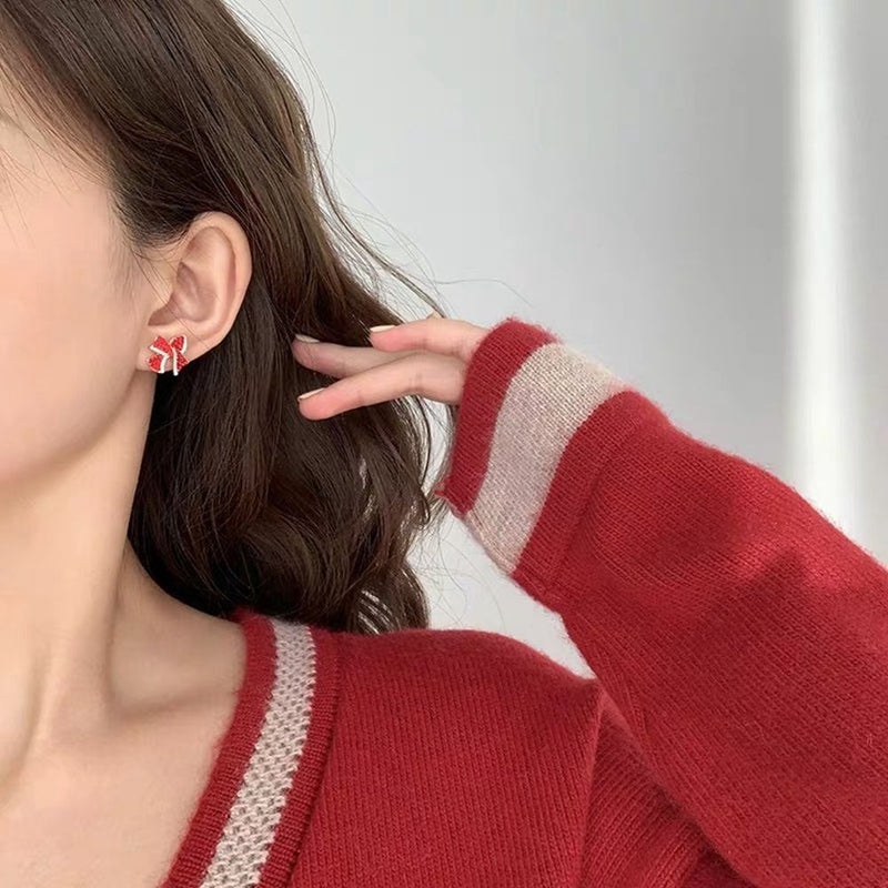 Women Hoop Rhinestone Copper Red Bow Earrings Stud Jewelry Zircon Dangle