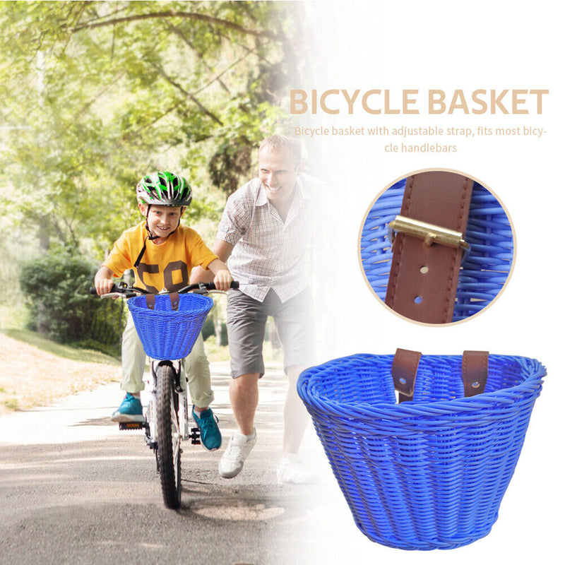 Kids Bike Basket Women Students Bicycle Rattan Weaving Front Basket (Blue) Newly