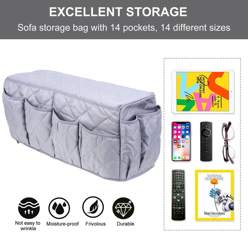 Armchair Caddy Non Slip Sofa Armrest Organizer with 14 Pockets (Grey)