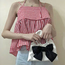 Retro Pleated PU Leather Bowknot Tote Bag Women Contrast Color Small Handbags