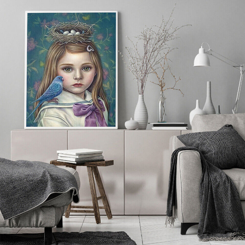 Frameless Oil Paint By Numbers DIY Girl Bird Picture Craft Kit for Living Room