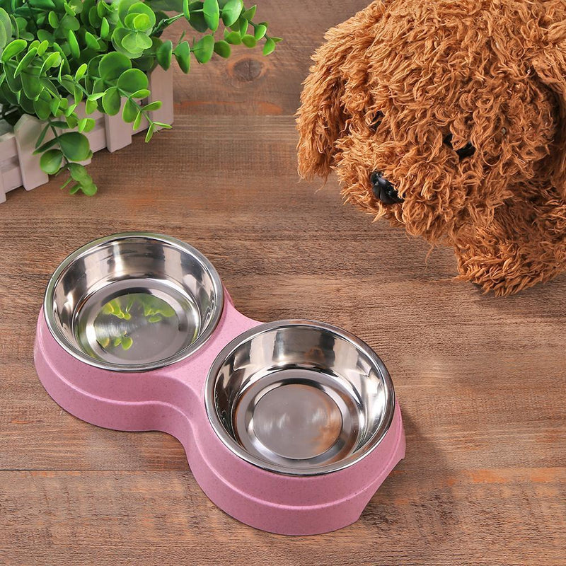 Stainless Steel Double Bowl Pet Dog Water Feeder Cat Puppy Food Drinking Di