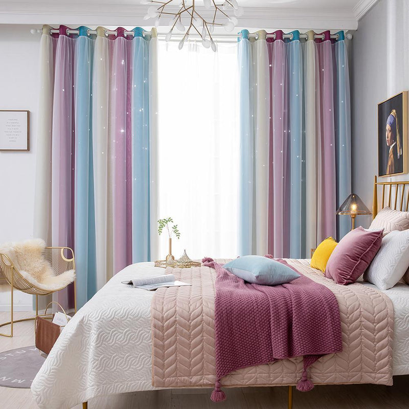 Gradient Hollow Star Curtain Bedroom Full Blackout Window Drapes (Purple)