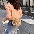 Beading Chain Small Straw Bucket Shoulder Bags Women Rattan Beach Mini Handbags