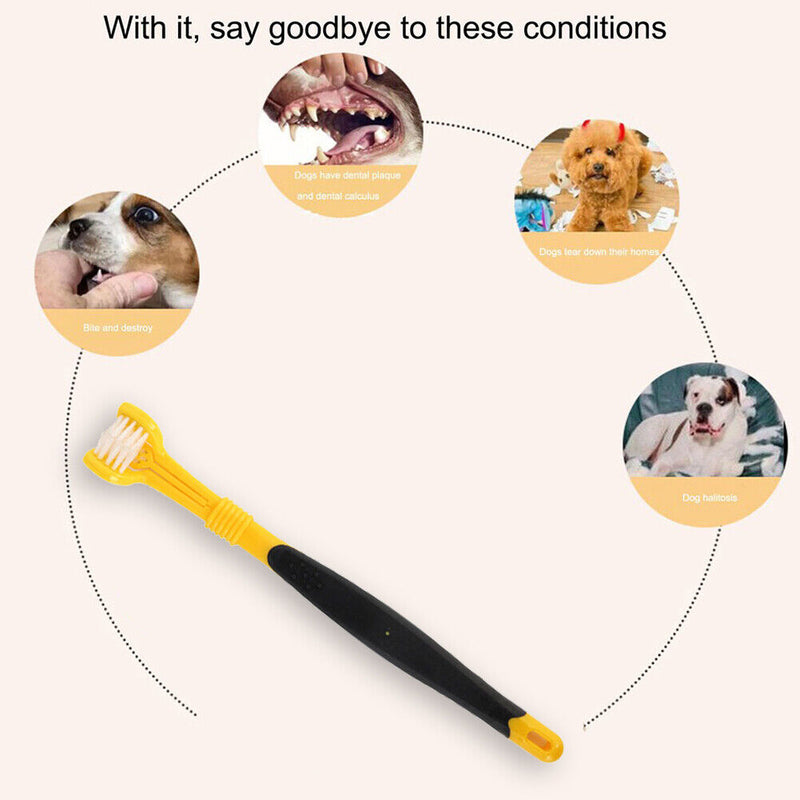 Three Sided Pet Toothbrush Dog Soft Brush Bad Breath Tartar Tool (Yellow) Newly