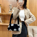 Women Flower Printing Shoulder Underarm Bag Cute Winter Plush Bag Small Purse