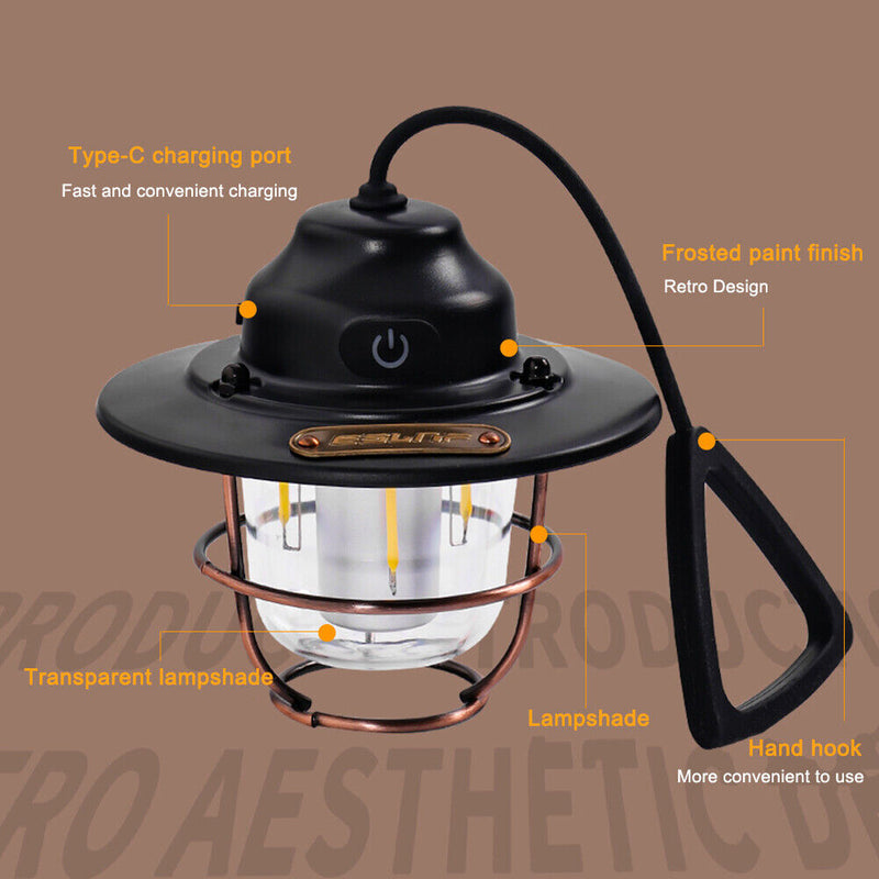 Portable Retro LED Lanterns Lamp Hanging Emergency Outdoor Camping Flashlight