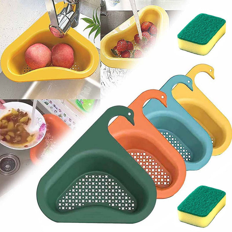Sink Strainer Colander Drain Basket 4 Sink Drying Shelf Rack & 2 Sponges Newly