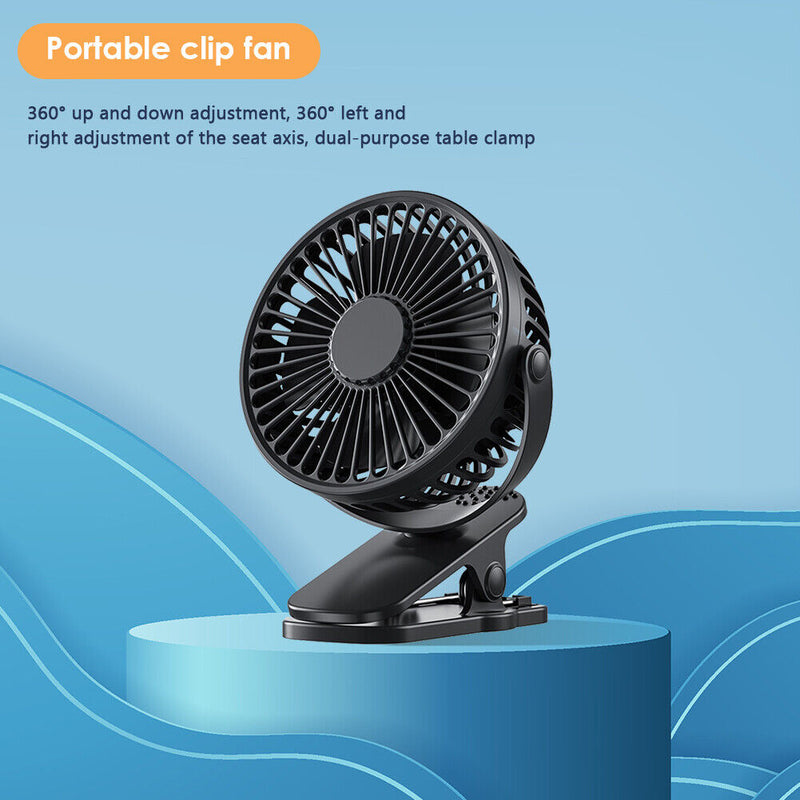 USB Mini Clip Fan Portable Travel Desk Cooling Ventilador (Black 1200mAh)