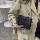 Fashion Women PU Leather Checker Underarm Bag Solid Color Thick Chain Flap Purse