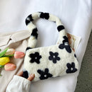Women Flower Print Underarm Bag Cute Handbags Autumn Winter Plush Shoulder Bags