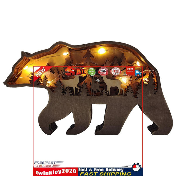 Wooden Ornaments Hollow Multi-Layer Animal Scene Display with Light (Bear) Newly