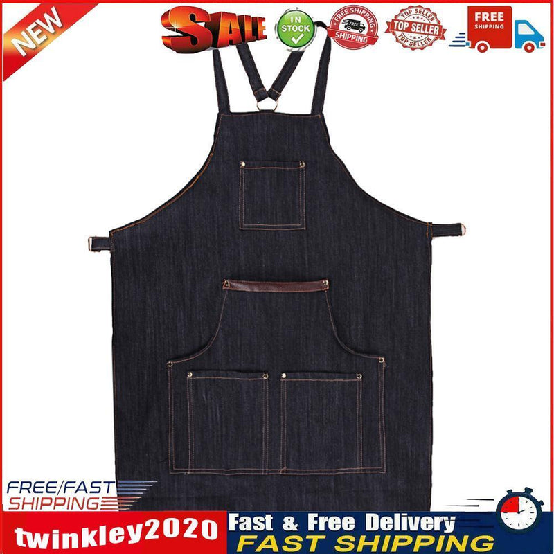 Unisex Pocket Antifouling Denim Cloth Work Apron Cafe Kitchen Cooking Bibs Newly