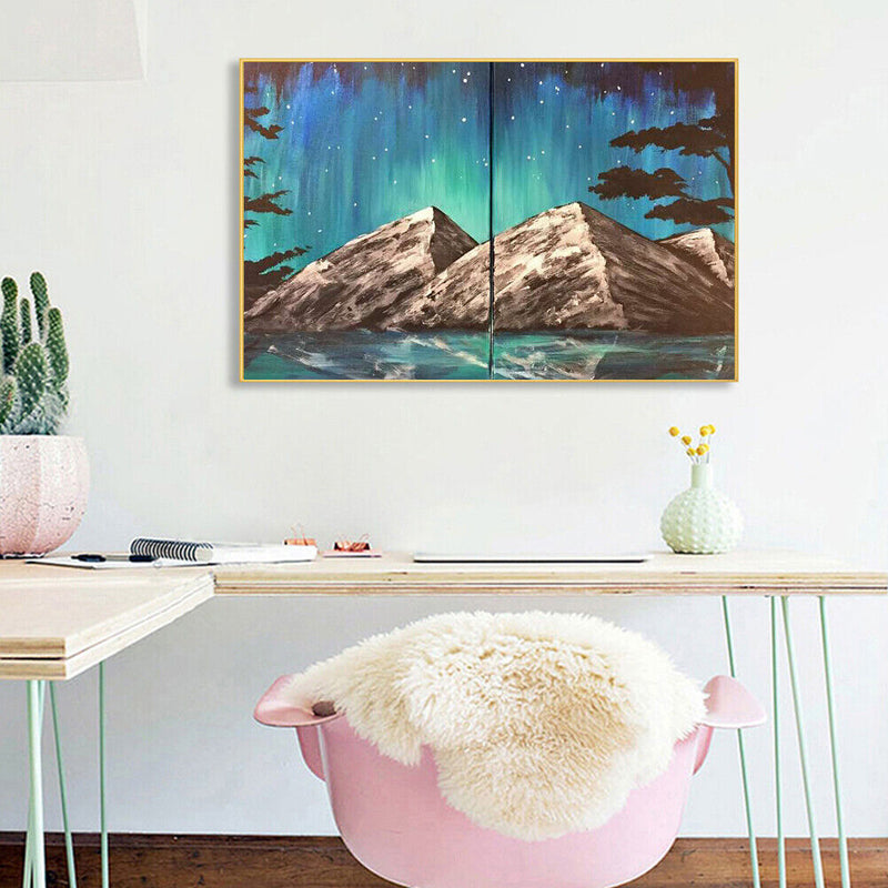 Aurora Night Mountains Oil Paint By Numbers 2 Panels DIY Picture for Adults Kids