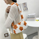 Retro Women Flower Print Shoulder Underarm Bag Winter Plush Purse (Orange)