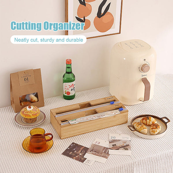 Cling Film Dispenser Wrap Tin Foil Cutter Wooden Storage Organizer (2 Grid)