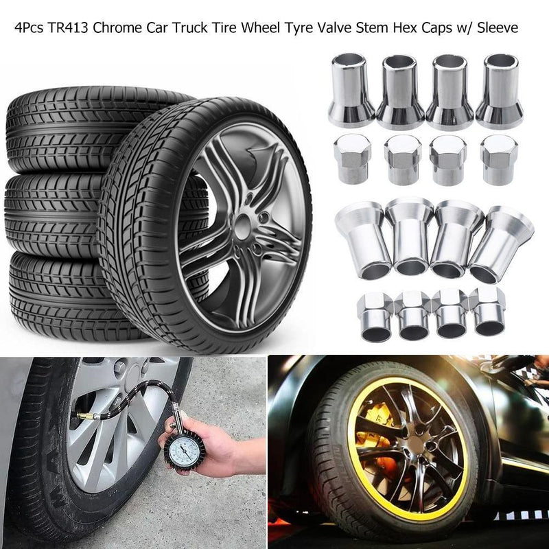 4pcs TR413 Chrome Car Truck Tire Wheel Tyre Valve Stem Hex Caps w/ Sleeves