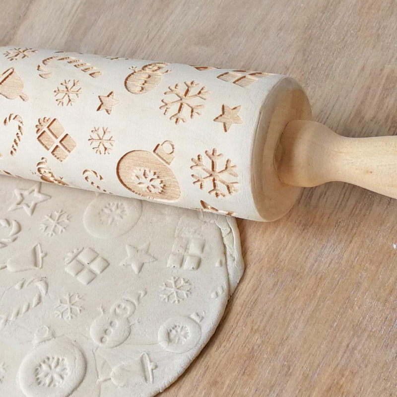 Christmas Gift Pattern Wooden Rolling Pin Dough Engraved Roller DIY Supplies