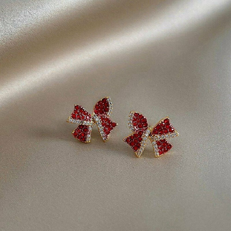 Women Hoop Rhinestone Copper Red Bow Earrings Stud Jewelry Zircon Dangle