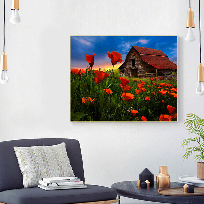 Canvas Painted Oil Paint By Numbers Cabin Flowers Wall Art Modern Bedroom D