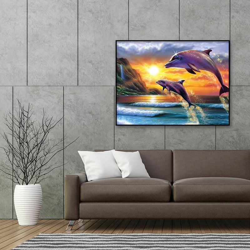 16x12 inch Full Round Diamond Painting Sunset Dolphin Mosaic Rhinestone Picture
