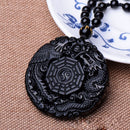 Black Mens Women Dragon Phoenix Carved Lucky Pendant BaGua Obsidian Necklace