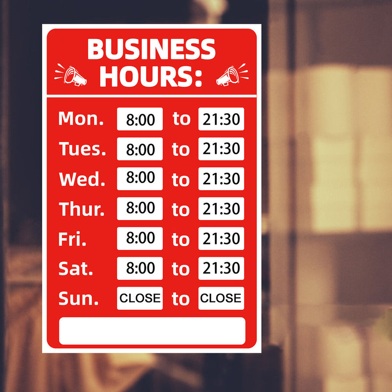 Business Hours Sign Hours of Operation Signs for Window / Door (Red)
