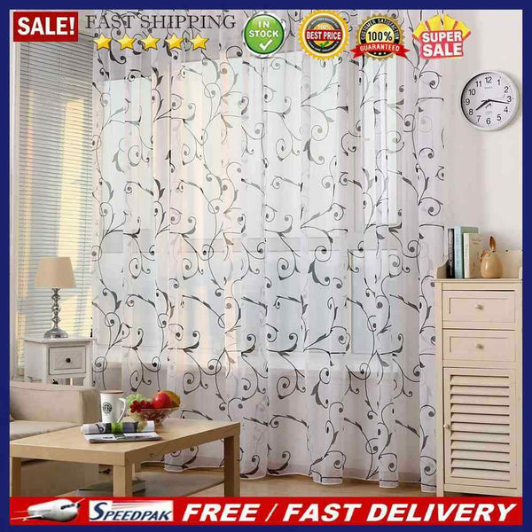 Transparent Voile Floral Print Curtains Bedroom Window Door Curtain (Black)