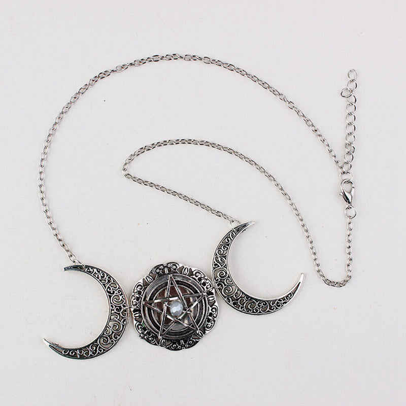 Pagan Jewelry Crystal Pentacle Pentagram Pendant Choker Triple Moon Necklace