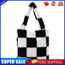 Women Checkerboard Plaid Plush Shoulder Bag Large Casual Top-handle Bag