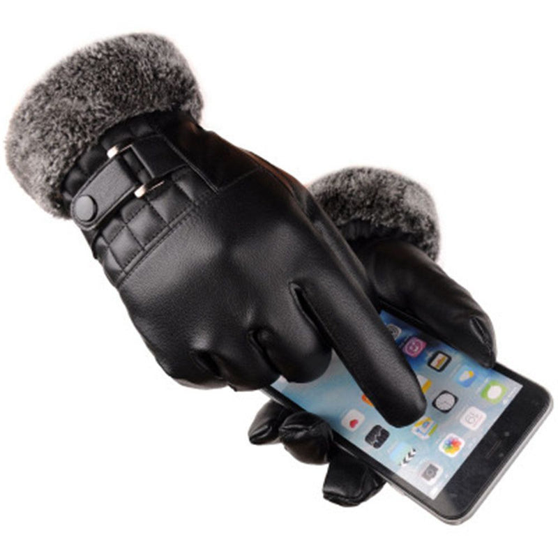 Windproof Men Faux Fur Gloves Thicken Warm Touch Screen Gloves Leather Mittens