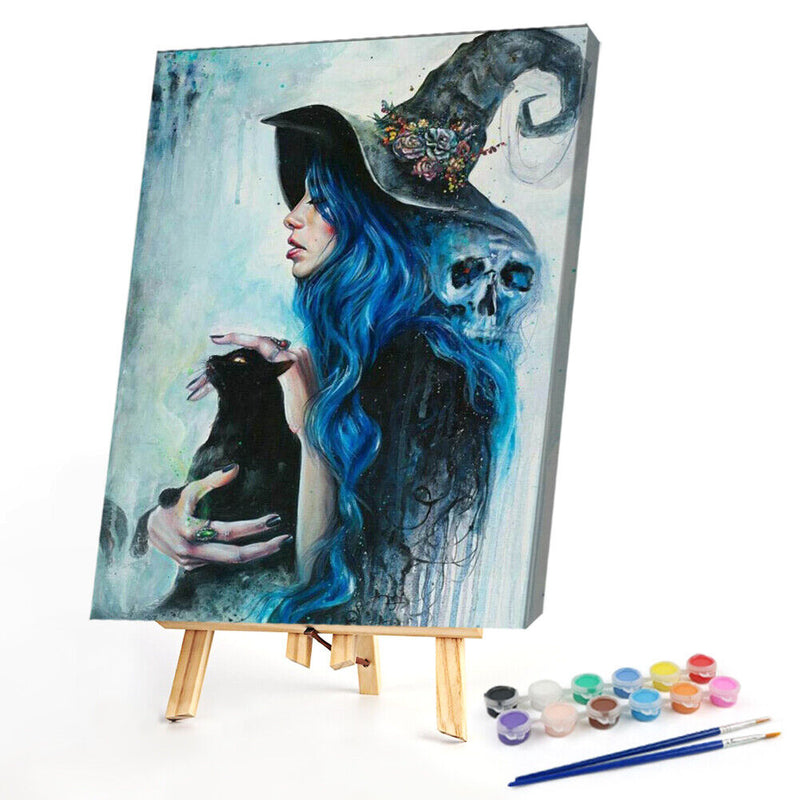 Witch Holding Cat Oil Paint By Numbers Kit DIY Acrylic Painting on Canvas