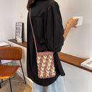 Women Hand-woven Straw Messenger Bag Bucket Small Crossbody Bag (Pink)