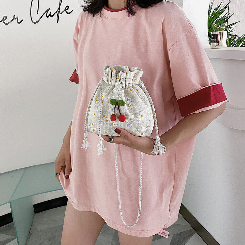 Women Drawstring Shoulder Bags Daisy Print Cherry Small Crossbody Pocket