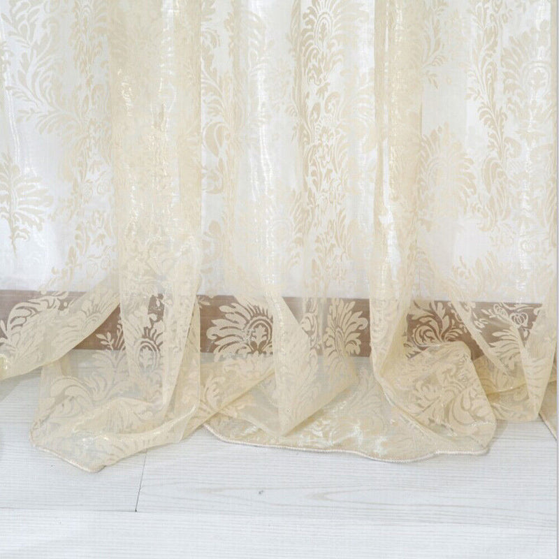 Flocking Floral Tulle Printed Window Door Curtain for Living Room (Beige)