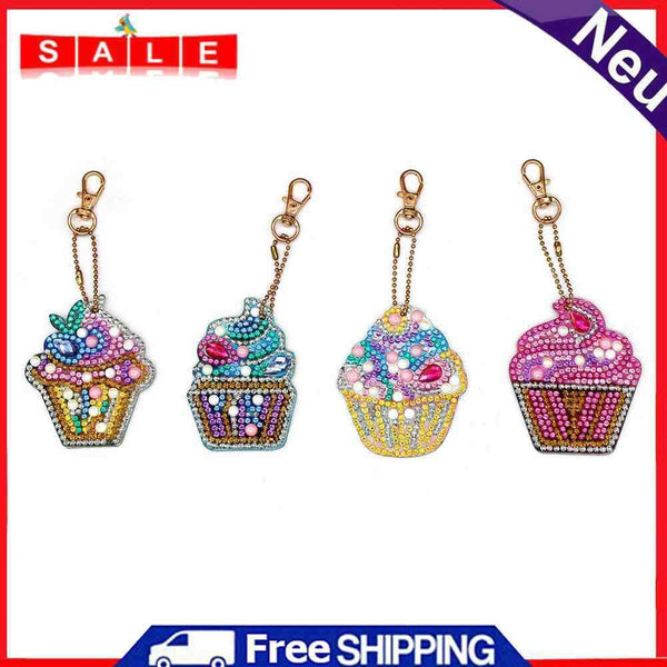 4pcs/set DIY Diamond Painting Keychain Full Drill Rhinestone Cake Shape Pendant