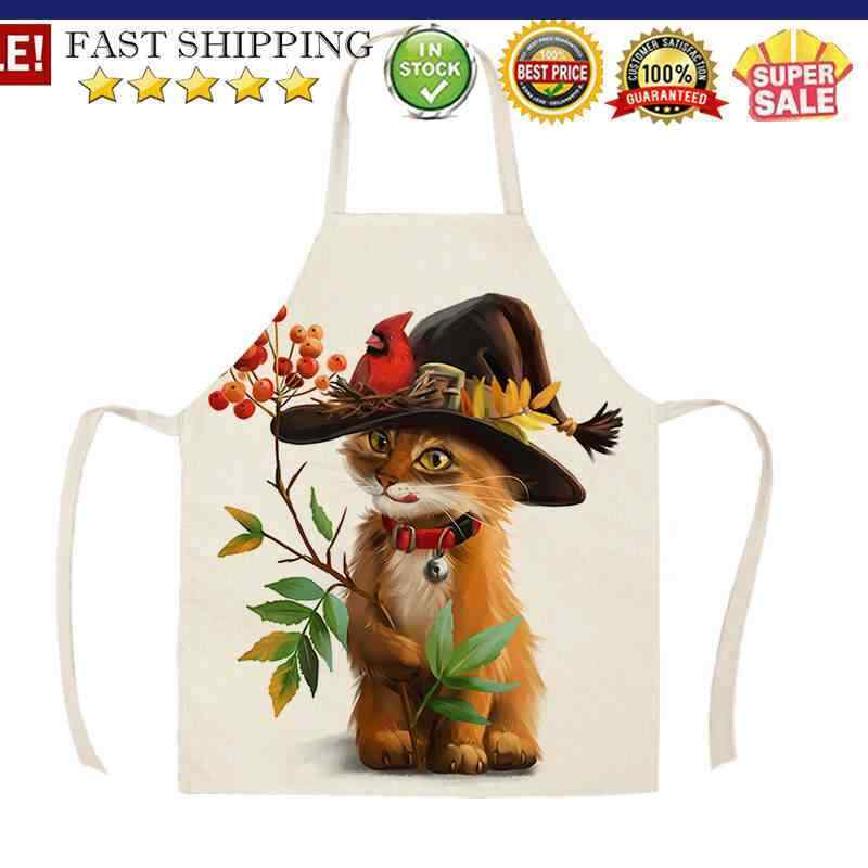 Fashion Cat Bird Printed Linen Apron Household Cleaning Pinafore Cooking Ap