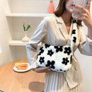 Women Retro Flower Print Hit Color Shoulder Bag Winter Plush Messenger Bags