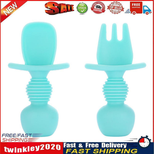 Baby Silicone Training Feeding Spoon Toddlers BPA-free Tableware (Cyan) Newly