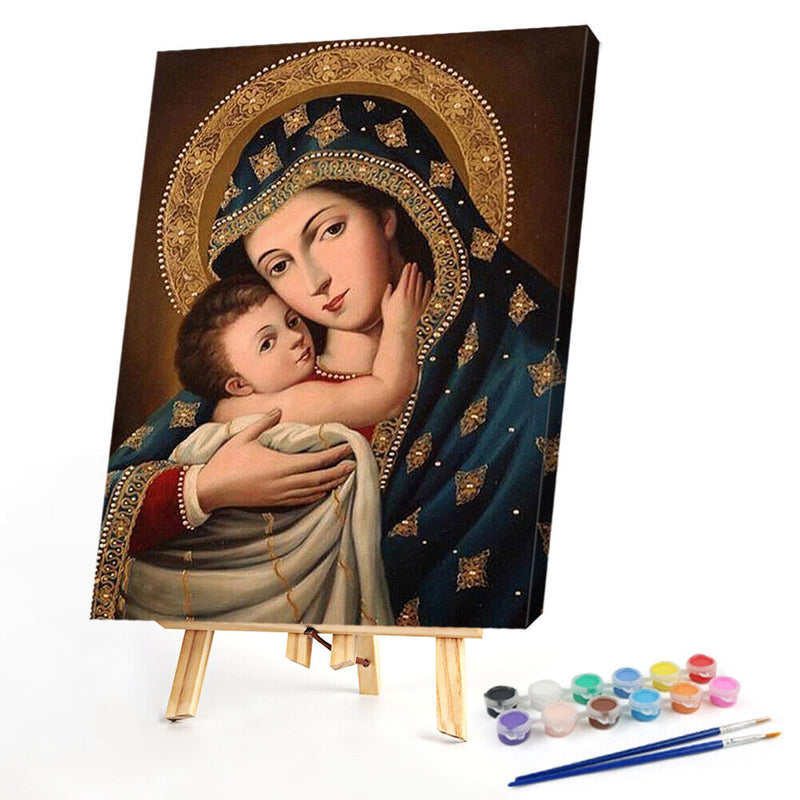 Hand Painted on Canvas DIY Virgin Child Oil Paint By Numbers Drawing Kit Craft