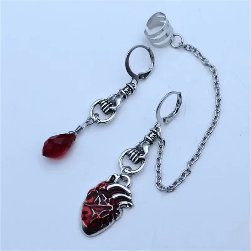 Witchy The Beating Heart Chain Ear Clip Asymmetrical Cuff Earrings Jewelry Gift