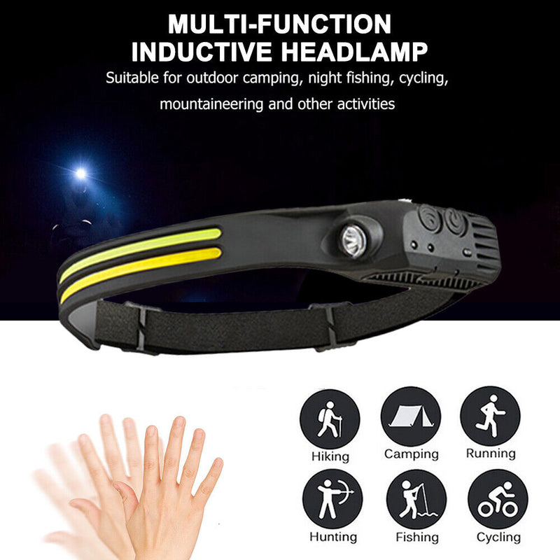 COB LED Sensor Headlight Flashlight USB Outdoor Camping Strong (B Yellow)