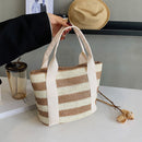 Fashion Straw Striped Women Handbags Woven Beach Tote Shopper Purse (Khaki)