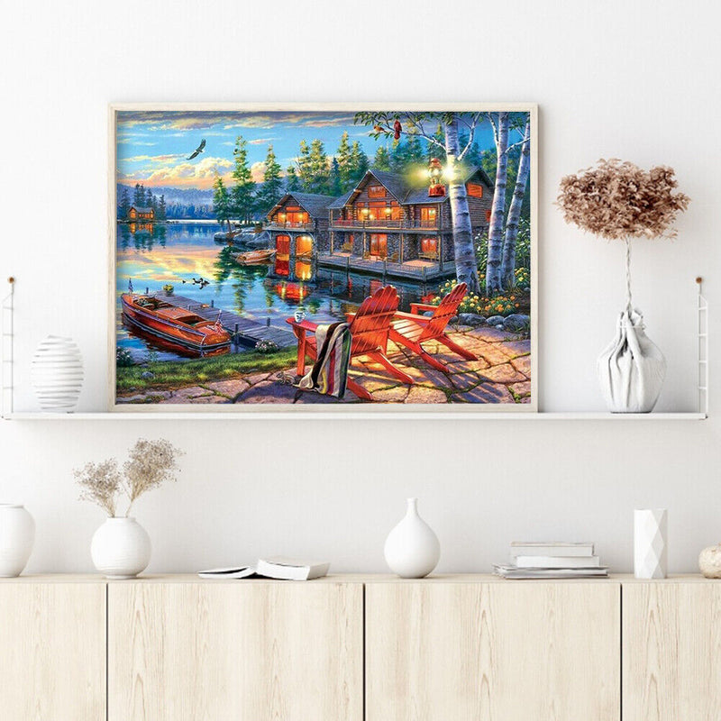 Full Embroidery DIY Canvas Stamped 11CT Art Cross Stitch Seaside House Kit