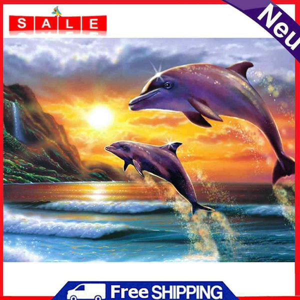 16x12 inch Full Round Diamond Painting Sunset Dolphin Mosaic Rhinestone Picture